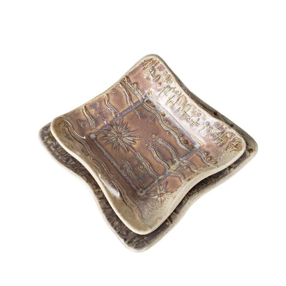 Art Pottery 2 Mini Trinket Dishes Handmade Abstract Design Neutral Colour - Picture 1 of 10